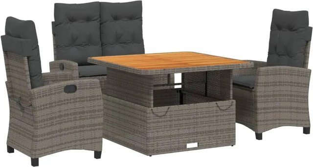 vidaXL 4-teilige Garten-Essgruppe aus Poly Rattan und massivem Akazienholz in Grau mit Kissen - Bild 1