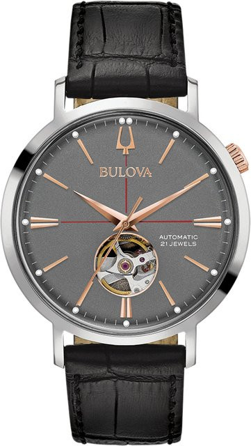 Bulova Herrenuhr Automatik, Edelstahl, 42 mm, Leder, Grau, 3 ATM - Bild 1
