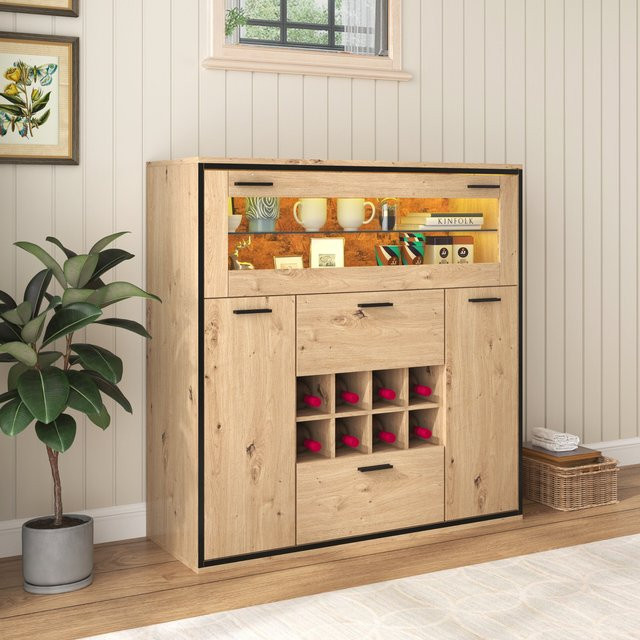 Aosom Weinschrank Anrichte in Schwarz und Braun mit Glasregal und integrierter Beleuchtung, B/T/H: 110 x 38 x 111 cm - Bild 1