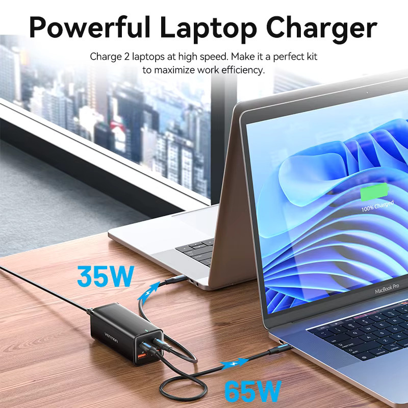 Vention 100W GaN Desktop-Ladegerät mit USB-C Schnellladeadapter für Laptop und Smartphone in Schwarz - Bild 4