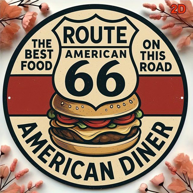 Potdemiel Vintage Route 66 Aluminiumschild mit Hamburger Design, rund, Durchmesser: 20,32 cm - Bild 1