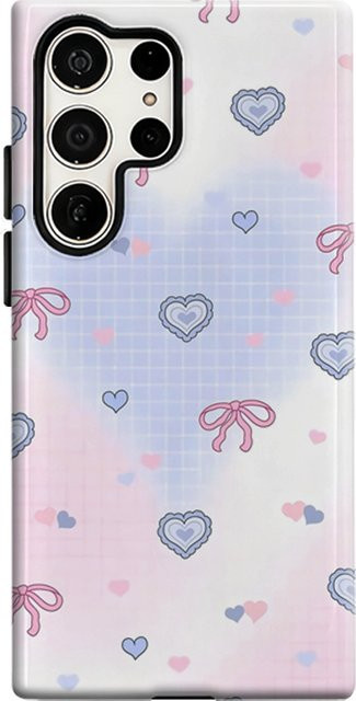 Glänzende doppelschichtige Rückabdeckung mit rosa-blauen Herzschleifen für Samsung Galaxy S25 Ultra, S24 und S23 Ultra Plus - Bild 1