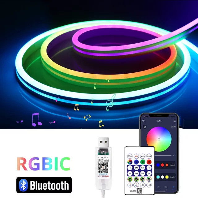 Lcamaw RGBIC LED Neon Flex Streifen mit Bluetooth und Musik-Rhythmus-Synchronisation, Wasserdicht, Multicolour, USB-Betrieb - Bild 1