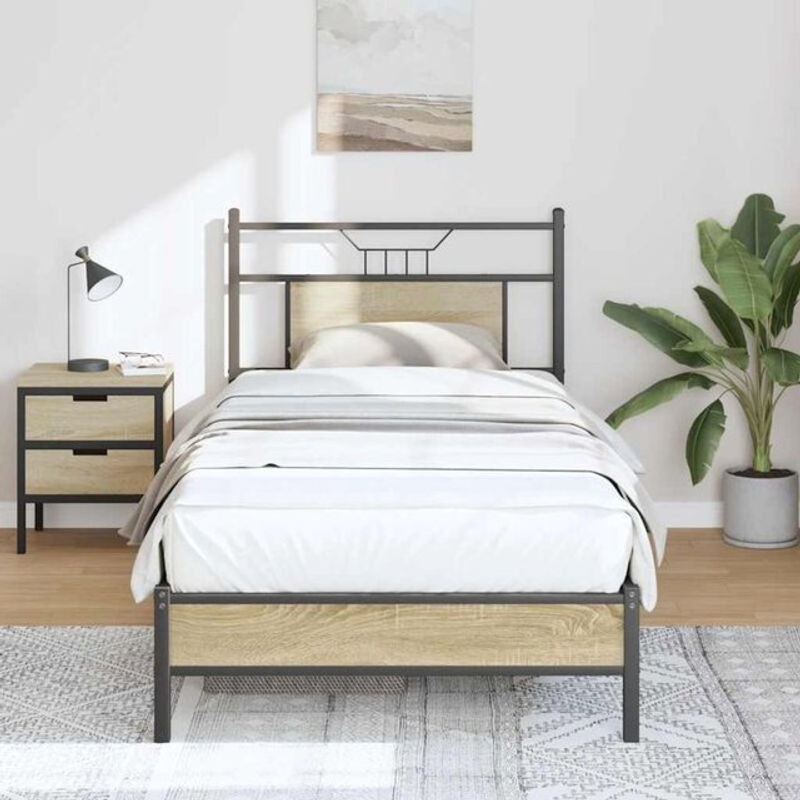 Vidaxl Einzelbett Bettgestell aus Holzwerkstoff und Stahl in Sonoma-Eiche Natur, B/T/H: 90 x 200 x 91,5 cm - Bild 1