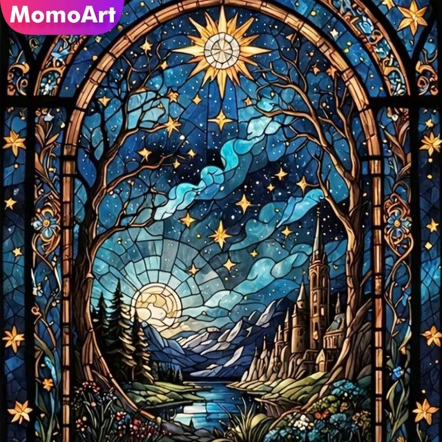 Momoart Diamantmalerei Sonnenuntergang Landschaft mit Schloss als DIY Mosaik-Set für Anfänger, Mehrfarbig, Breite: 20 cm, Höhe: 20 cm - Bild 1