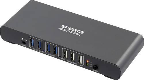 SpeaKa Professional SP-KVM-2P4K 2 Port KVM-Umschalter in Grau (matt) mit 4K UHD HDMI, USB-A, USB-C PD und RJ45 - Bild 1