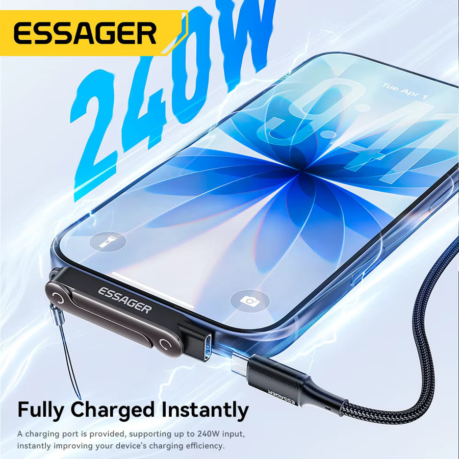 ESSAGER USB-C OTG-Adapter 240W Schnellladung Datenkonverter in Schwarz mit 90 Grad faltbarem Winkel für iPhone, MacBook Pro, Xiaomi und Samsung - Bild 3