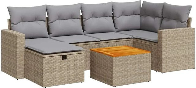 vidaXL 7-tlg. Garten-Sofagarnitur aus Poly-Rattan in Beige mit Kissen und L-Form - Bild 1