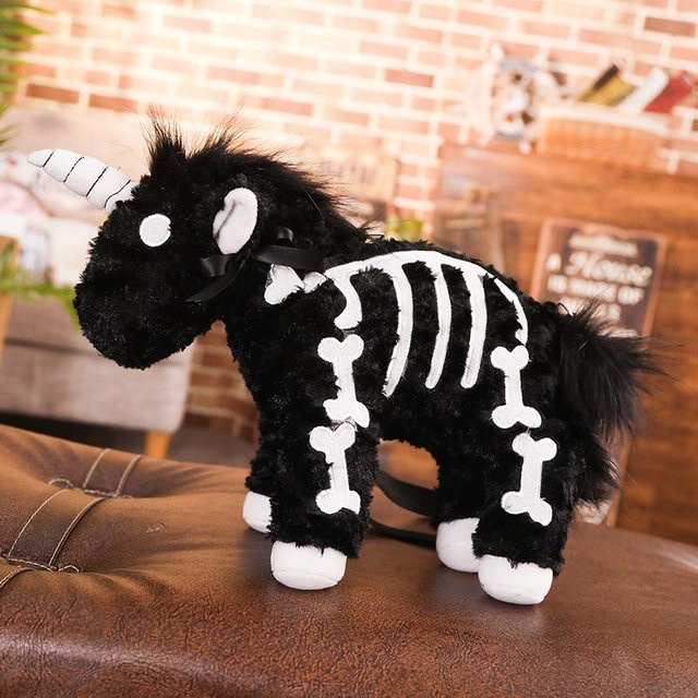 Schwarzes Skelett Einhorn Plüsch, Umhängetasche, Schwarz, Rosa, 40cm - Bild 1