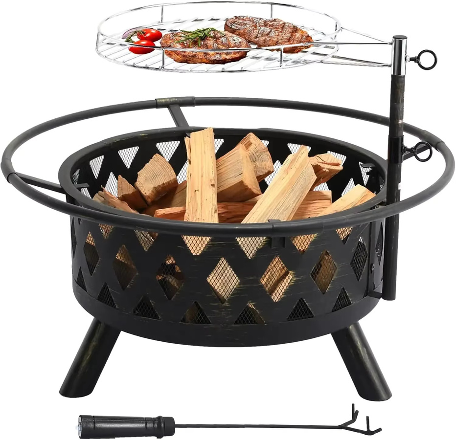 Homfa Multifunktionale Feuerschale in Schwarz mit Funkenschutz und Grillrost, höhenverstellbar, B/T/H: 76,0 x 58,0 x 15,0 cm - Bild 4
