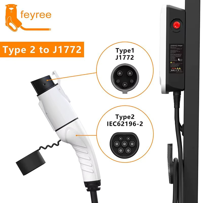 Feyree EV Ladegerät Adapter Typ2 auf Typ1 für Elektroautos, 32A 1-Phasen, max. 7 kW, Farbe: Weiß - Bild 2