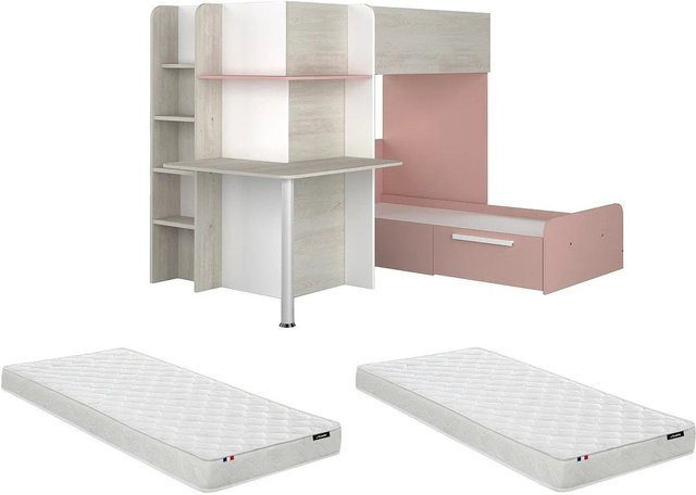 Vente-unique Etagenbett Samuel für Kinder in Hellgrau und Puderrosa, Höhe: 241 cm - Bild 1