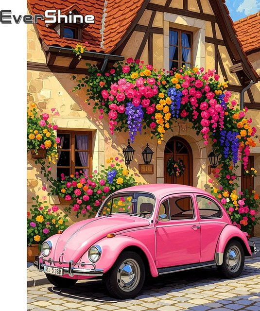 EverShine Diamant-Stickerei Straßenlandschaftsgemälde mit Blumenhaus und Auto, Mehrfarbig, B/H: 30 x 20 cm - Bild 1