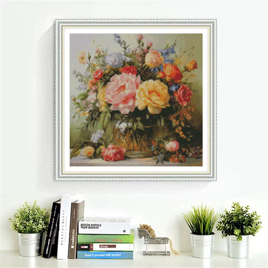 HUACAN Kreuzstich-Set mit Rosen-Blumenstickerei, 11-teiliges Set mit bedruckter Leinwand und DMC-Fäden in Multicolour zur Wanddekoration - Bild 3