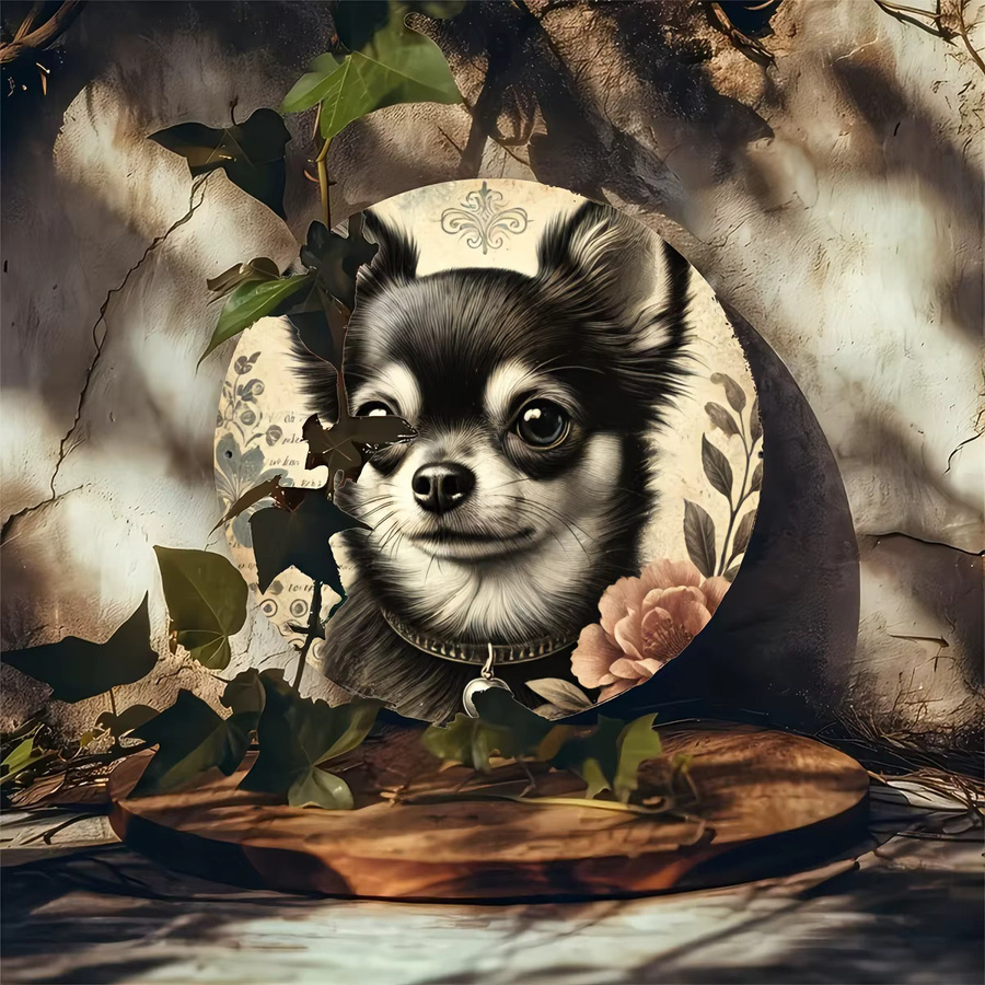 Rundes Aluminiumschild Potdemiel im Vintage-Stil mit Chihuahua-Blumendruck als Wanddekoration aus Metall, Durchmesser: 20 cm, Mehrfarbig - Bild 5