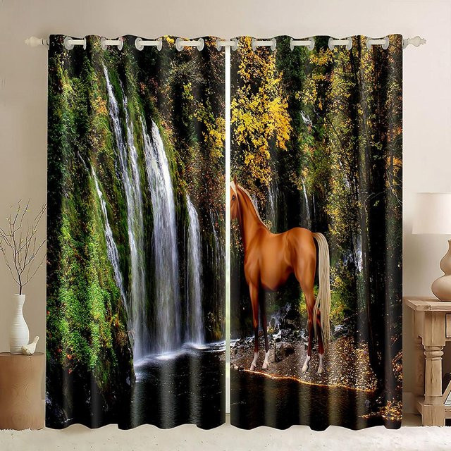 A Family Of Home Textiles Fenster Vorhang mit Pferde 3D Digitaldruck und Sonnenuntergang Muster, semi-transparent, Mehrfarbig, 2 Paneele, B: 70 cm, H: 165 cm - Bild 1