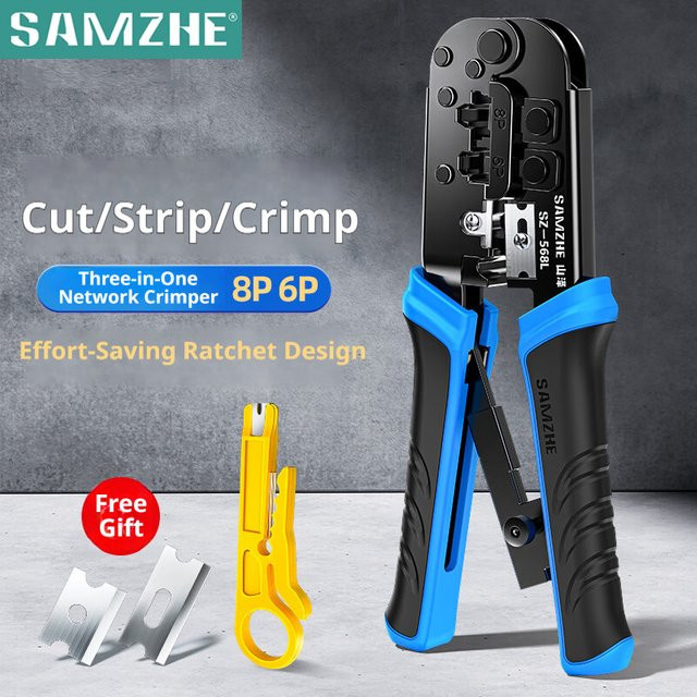 SAMZHE Crimpzange für RJ11 RJ12 RJ45 Ethernet Netzwerk LAN Kabel mit Cutter und Stripper für 6P 8P - Bild 1