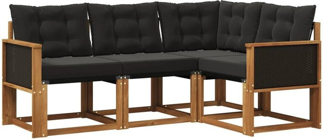 vidaXL Outdoor-Sofagarnitur L-Form aus massivem Akazienholz mit Textilene und Kissen in Schwarz und Natur - Bild 1