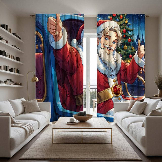 2er-Set Weihnachtsmann mit Schlitten und roter Schleife Dekorationsvorhang, Schwarz/Mehrfarbig, B: 132 cm, H: 160 cm - Bild 1