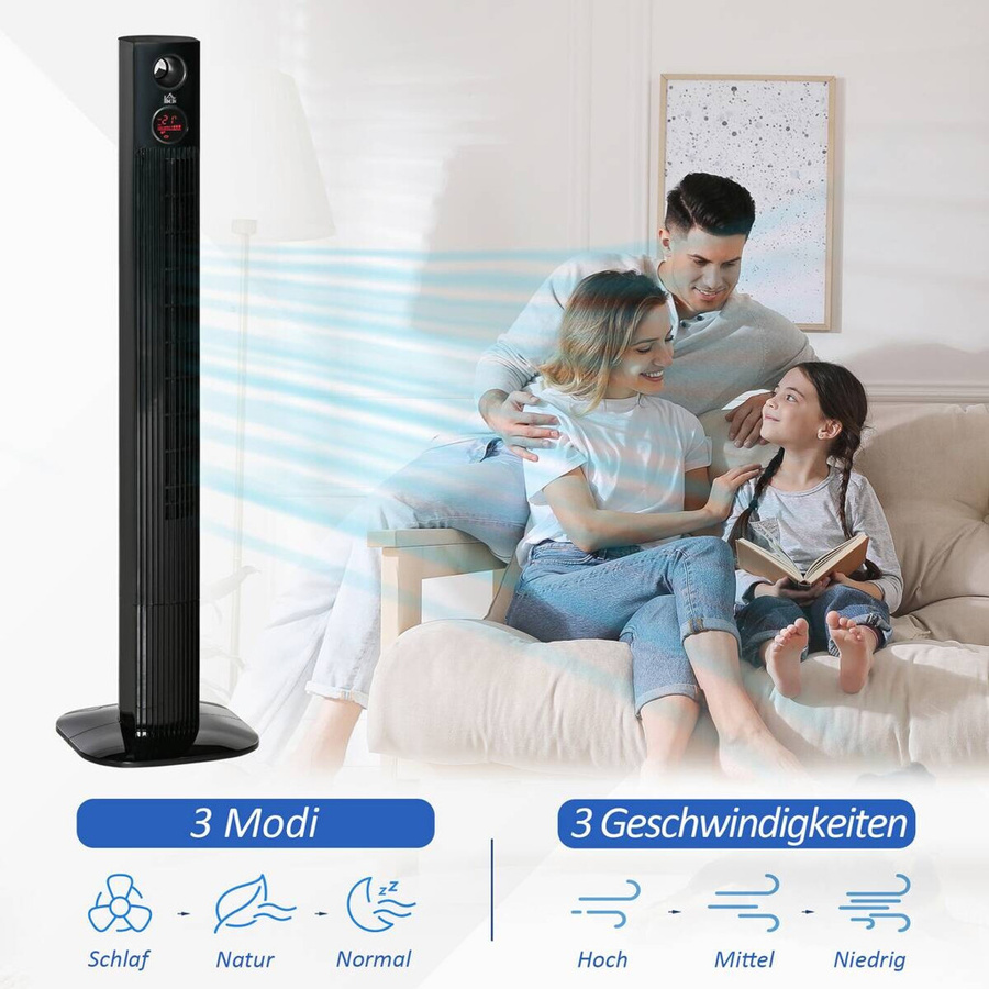 HOMCOM Turmventilator in Schwarz aus Kunststoff und Edelstahl mit Fernbedienung, Timer und Oszillation, B/T/H: 31,5 x 31,5 x 117 cm - Bild 2
