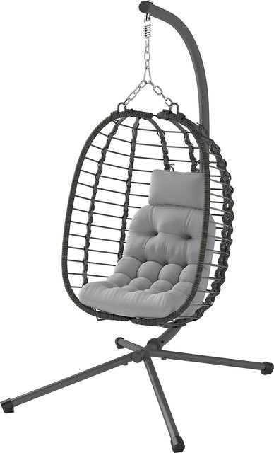 Outsunny Hängender Rattansessel mit gepolsterten Kissen und Kopfstütze, Klappbarer Garten-Hängesessel mit Stahlgestell für Innen und Außen, Hellgrau - Bild 1
