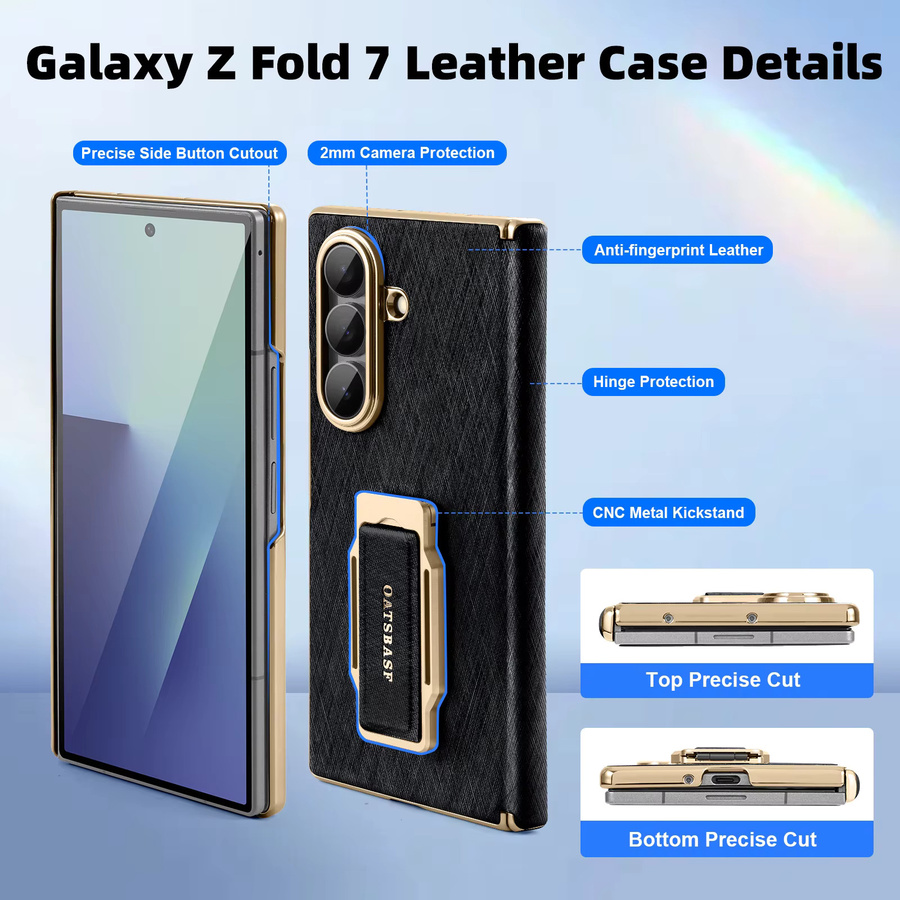 Oatsbasf Handyhülle für Samsung Galaxy Fold 7 aus Leder mit Trageriemen und 360 Grad drehbarem Metallständer in Schwarz und Silber - Bild 5