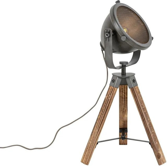 QAZQA Industrielle Tischlampe Emado aus Stahl und Holz in Grau und Braun mit dimmbarer E27 Fassung - Bild 1