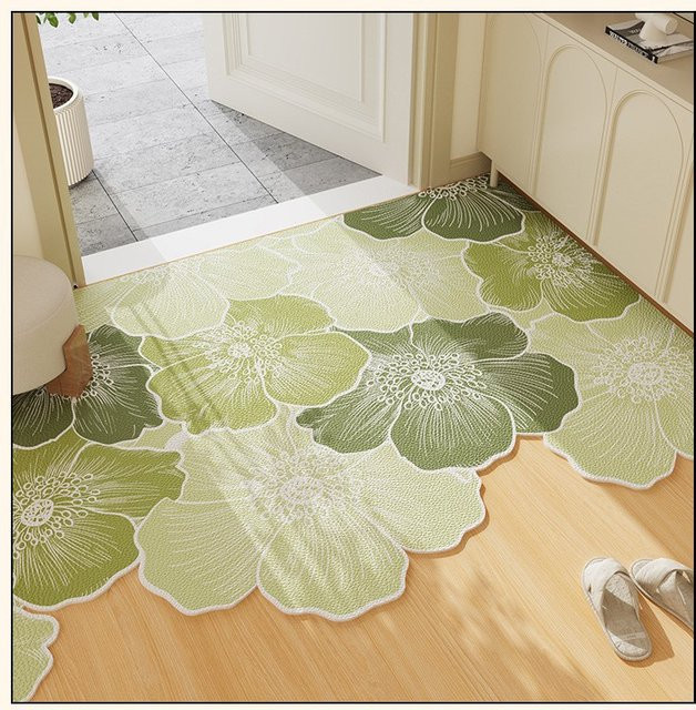 VIKAMA Eingangsbereich-Teppich mit grünem Blumenmuster und gewelltem Rand, schmutzabweisende Flurmatte im Retro-Stil, B: 60 cm, T: 40 cm - Bild 1