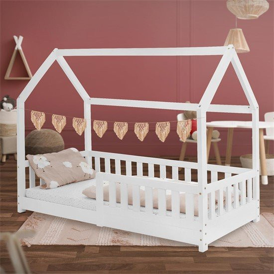 ML-Design Kinderbett Hausbett aus Kiefernholz mit Dach und Rausfallschutz, Weiß, B: 160 cm, H: 132 cm, T: 80 cm - Bild 1