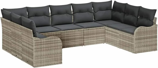 vidaXL Garten-Sofa-Set aus Poly-Rattan in Hellgrau, 9-teiliges Lounge-Set mit Kissen und wetterfestem Metallgestell für Garten und Terrasse - Bild 1