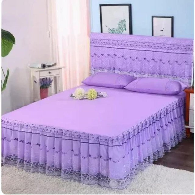Super Six Bettrock Tagesdecke Set mit Spitze in Rosa und Lila, 3-teilig, B/T/H: 150 x 200 cm - Bild 1