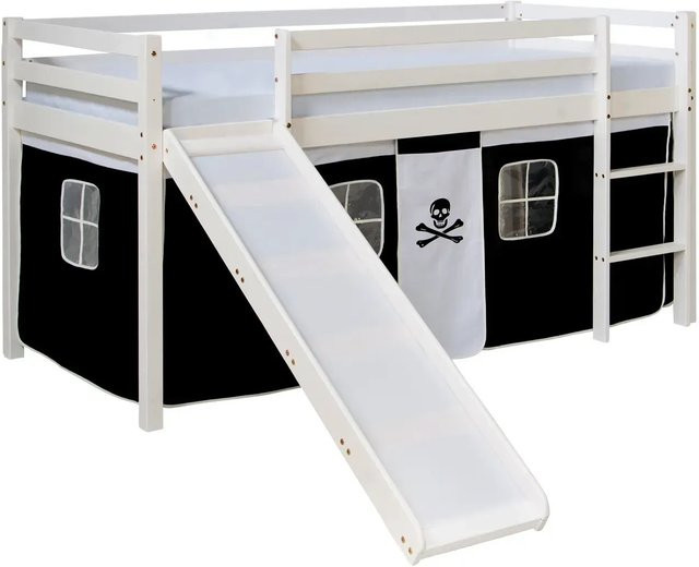 Homestyle4u Kinder Hochbett Pirat aus Kiefernholz mit Rutsche, Vorhang und Matratze, Farbe Weiß, B/T/H: 207,5 x 96,5 x 150 cm (ca.) - Bild 1