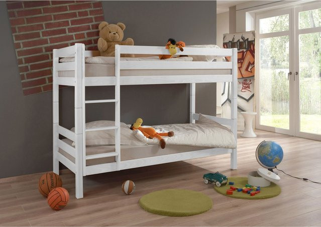 TiCAA Etagenbett aus Buche Massivholz in Weiß mit Treppe und zwei teilbaren Liegeflächen, B/T/H: 90 x 200 cm - Bild 1