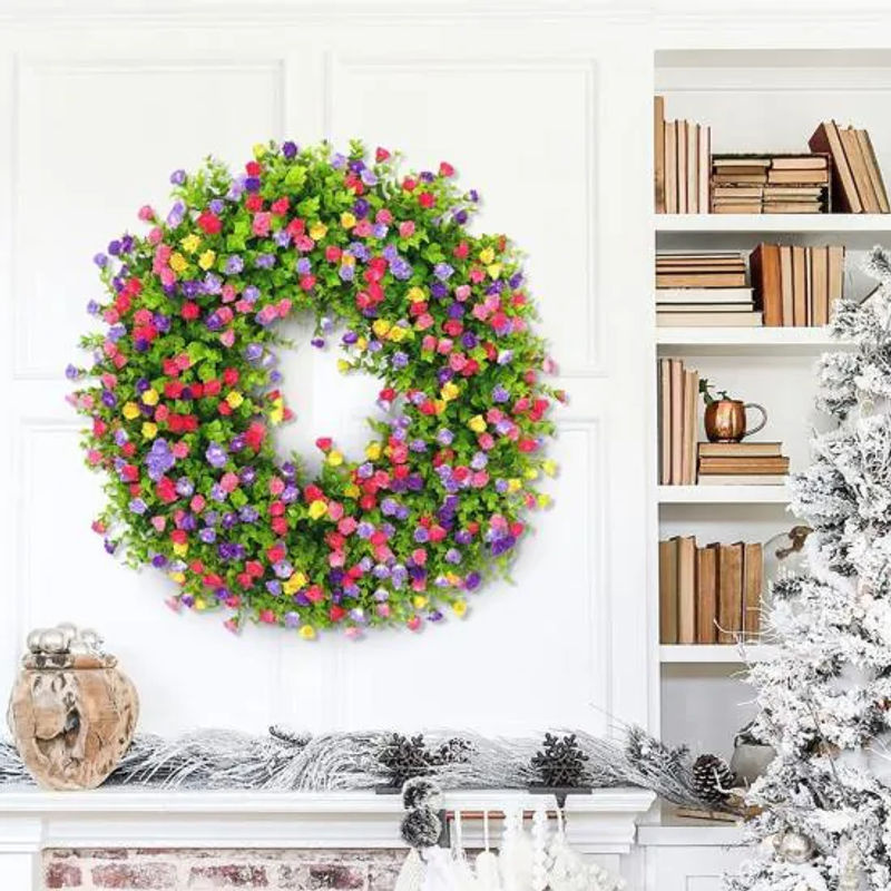 Amusedly Künstlicher Blumenkranz aus Eukalyptus und bunten Blüten in Weiß, Durchmesser: 28 cm - Bild 4