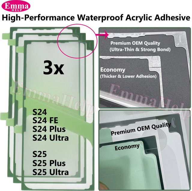 3er-Set Premium OEM Rückseiten-Klebstoff für Samsung Galaxy S24 Ultra, S25 Plus und S24FE, wasserdichter Ersatz-Kleber für das Rückgehäuse, transparent - Bild 1