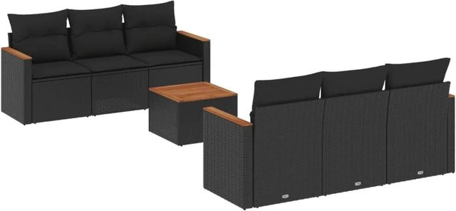 vidaXL 7-tlg Garten-Sofagarnitur aus Poly-Rattan und Akazienholz in Schwarz mit Kissen - Bild 1