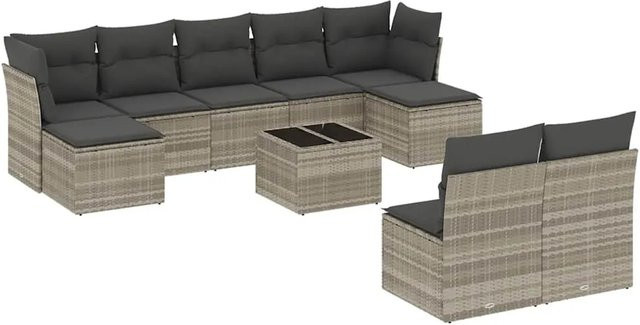 vidaXL 10-tlg. Garten-Sofagarnitur aus Poly-Rattan mit Kissen in Hellgrau - Bild 1