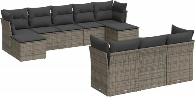 vidaXL 10-tlg. Garten-Sofagarnitur in U-Form aus grauem Poly-Rattan mit Sitzkissen und Stauraum - Bild 1