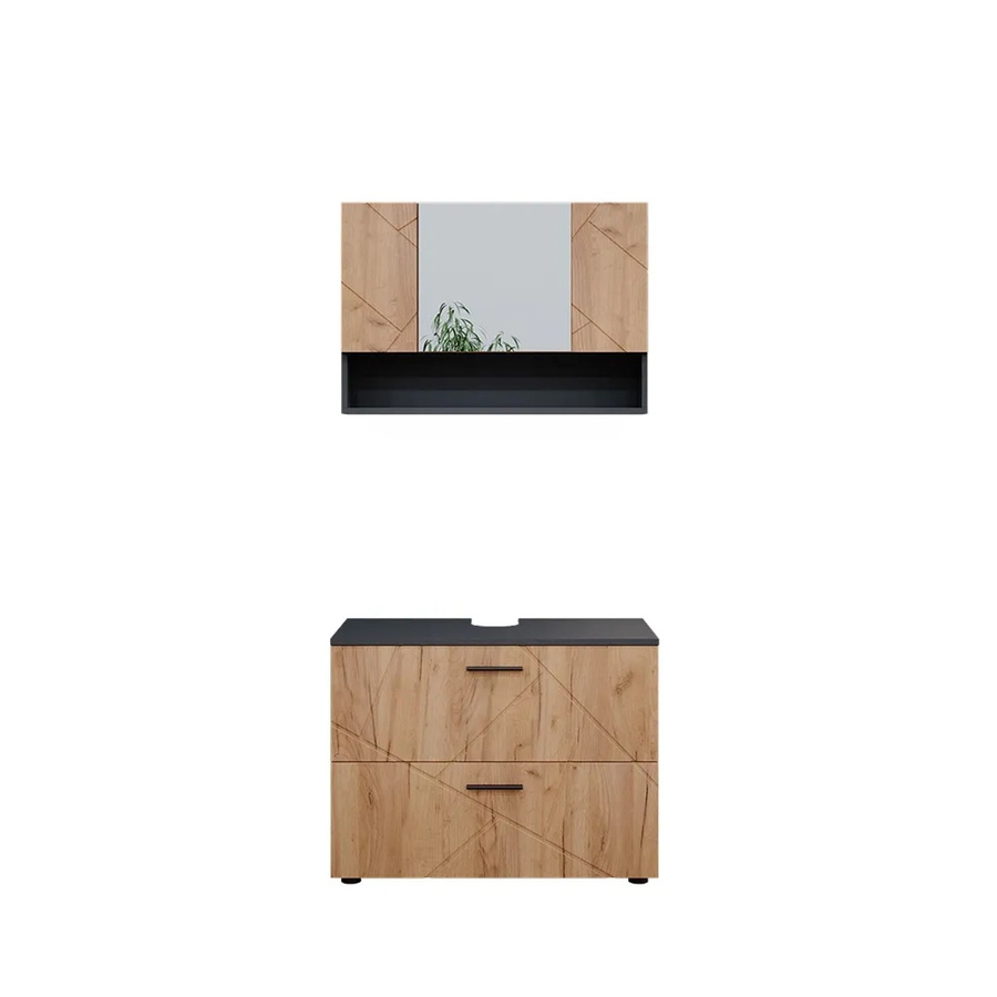Vicco Badmöbelset Irma in Anthrazit und Eiche, bestehend aus Spiegelschrank und Waschtischunterschrank, modern gestaltet, Breite: 80 cm - Bild 3