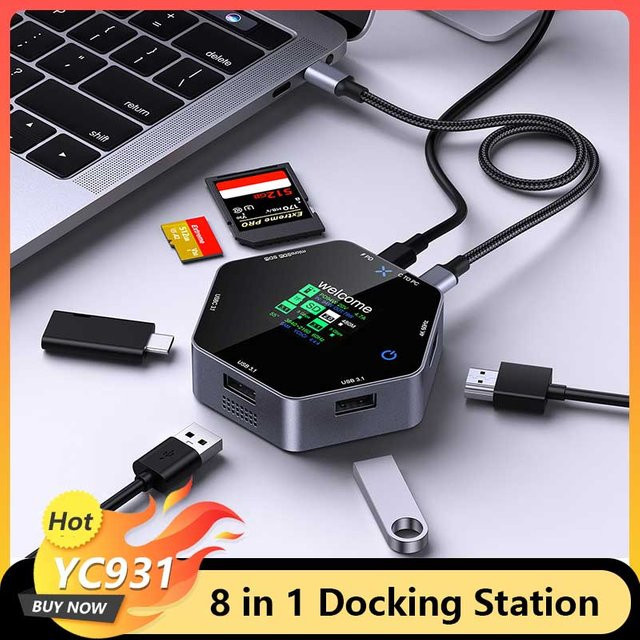 CoolFish USB-C Dockingstation 8-in-1 Multi-Port-Hub mit Smart Display, 4K UHD HDMI und PD-Ladung, Grau - Bild 1
