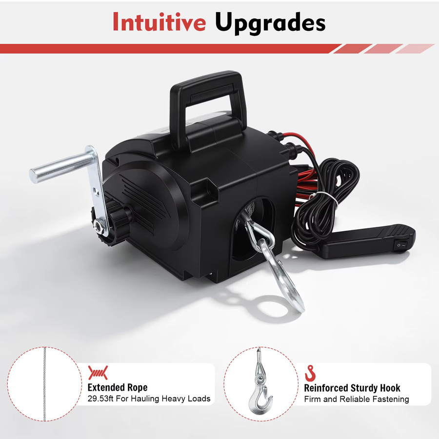 Bymaocar Tragbare Elektrowinde 12V 300W für Boote und Anhänger, 9,2m Seillänge, Schwarz, inklusive Montageplatte, Handkurbel und Kabelfernbedienung - Bild 6