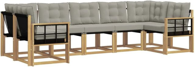 vidaXL Outdoor-Sofagarnitur 7-teilig in L-Form aus Akazienholz mit Textilene-Bezug und Kissen in Weiß und Hellgrau - Bild 1