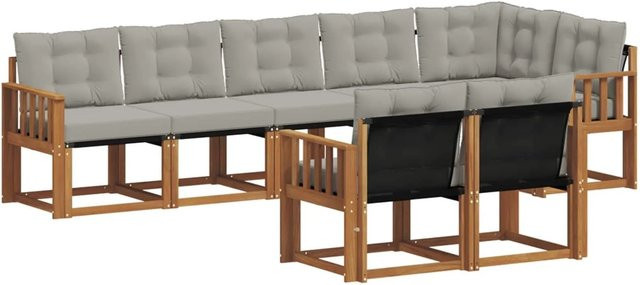 vidaXL Outdoor-Sofagarnitur 8-tlg. in L-Form aus Akazienholz mit Textilene und Kissen, Hellgrau - Bild 1