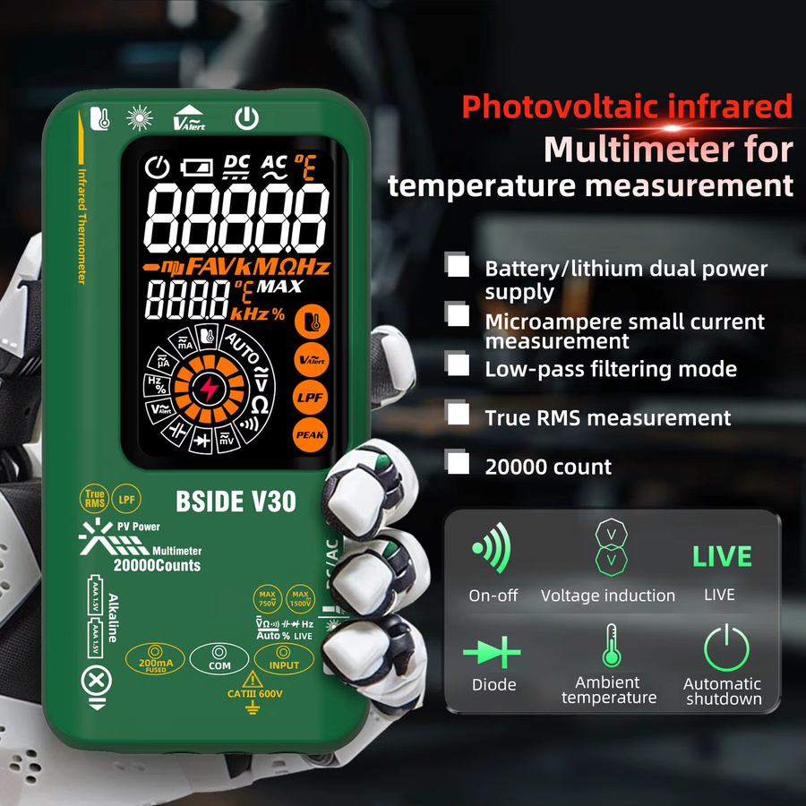 BSIDE Digitalmultimeter mit 20000 Zählungen, Smart Infrarot-Temperaturmesser, True RMS, 1500 V DC/AC Spannung, wiederaufladbar, Farbe: Grün - Bild 2