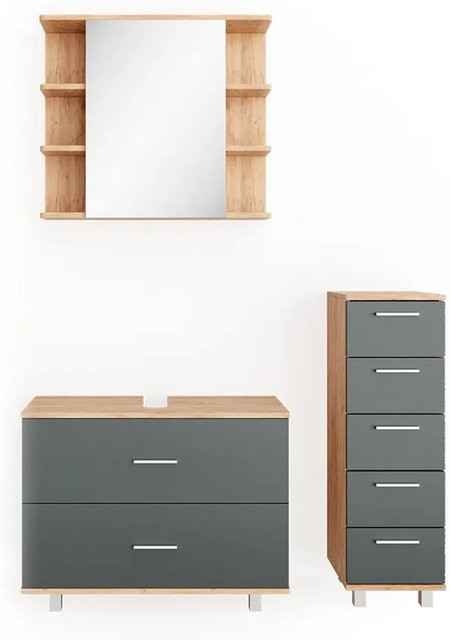 Vicco Badmöbel Set Ilias in Eiche und Anthrazit bestehend aus Spiegel, Kommode und Unterschrank mit einer Breite von 80 cm - Bild 2