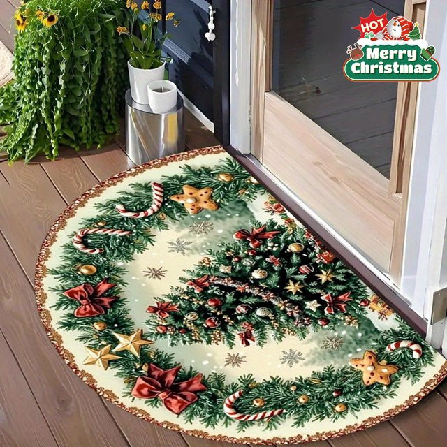 VIKAMA Halbrunde Weihnachtsfußmatte mit Kiefernschleife, dekorativer Teppich für den Eingangsbereich, Mehrfarbig, B/T: 60 x 40 cm - Bild 1