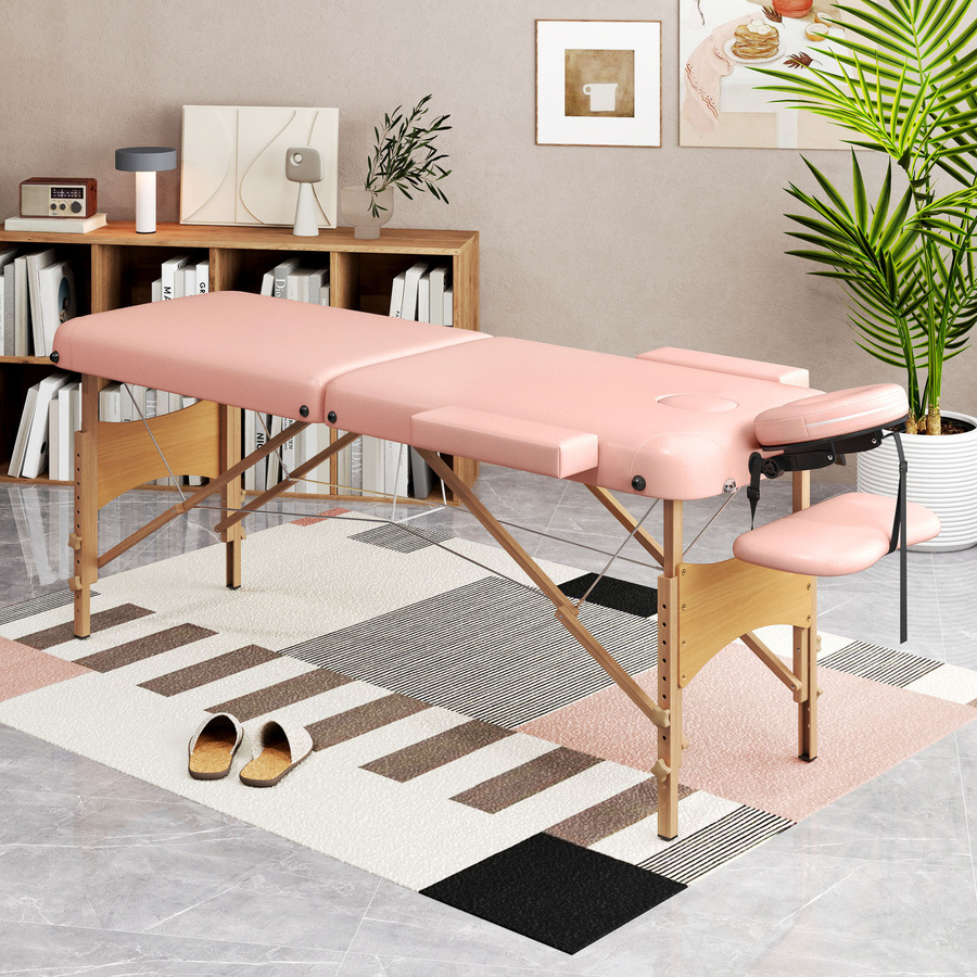 HOMCOM Klappbare Massageliege mit höhenverstellbarer Funktion und Tragetasche, Holzgestell aus Buche, Rosa - Bild 2