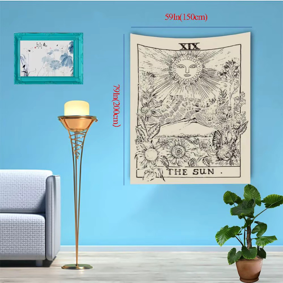 VIKAMA Vintage-Wandteppich mit Sonnengesicht, Vogel- und Blumenmotiven im natürlichen Kunststil für dein Wohnzimmer oder Schlafzimmer - Bild 1