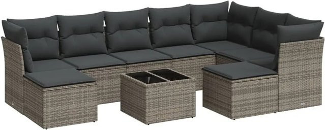 vidaXL 10-tlg. Garten-Sofagarnitur in U-Form aus Polyrattan mit Kissen in Grau - Bild 1