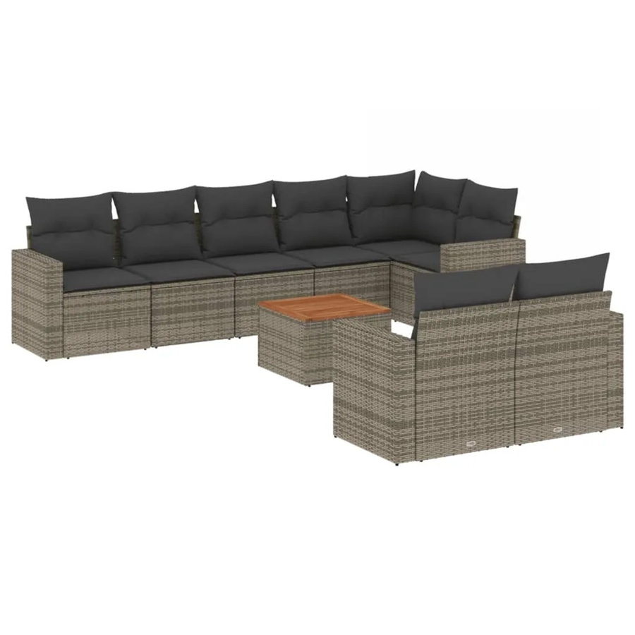 vidaXL 9-teilige Garten-Sofagarnitur aus Poly-Rattan und Akazienholz in Grau mit Kissen - Bild 2